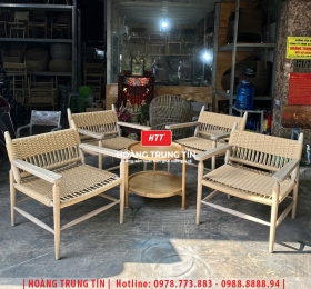 Bàn ghế cafe gỗ đan dây cói HTT-02
