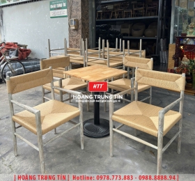 Bàn ghế cafe gỗ đan dây cói HTT-01